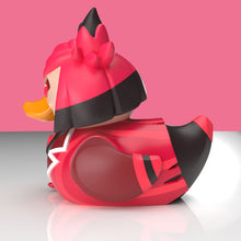 Load image into Gallery viewer, Close up side view of Alastor Radio Demon rubber duck figurine holding a black staff on a pink background