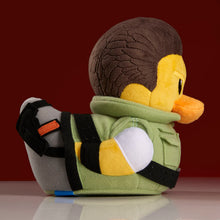 Load image into Gallery viewer, Chris Redfield Resident Evil TUBBz Plush duck toy with a Raccoon City Star badge and colorful design on a dark background