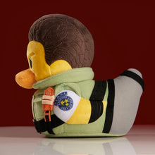 Load image into Gallery viewer, Chris Redfield Resident Evil TUBBz Plush duck toy with a Raccoon City Star badge and colorful design on a dark background
