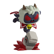 Load image into Gallery viewer, Cult of the Lamb Attacking Lamb figurine with red eyes and a yellow bell on a white background