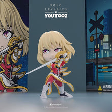 Load image into Gallery viewer, Front View of Cha Hae-In with blonde hair and red outfit, standing in front of promotional materials for 'Solo Leveling' and 'Youtooz'.
