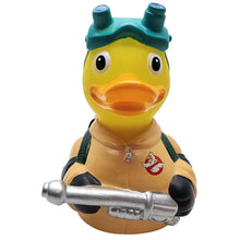 Load image into Gallery viewer, Rubber duck wearing a proton pack, on a white background.