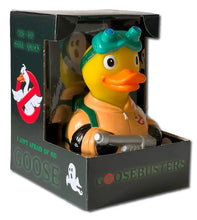 Load image into Gallery viewer, Rubber duck with a helmet in a Ghostbusters-themed packaging