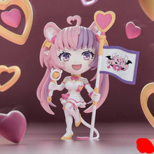 Load image into Gallery viewer, Ironmouse V-tuber figurine Front View with pink hair and a flag featuring a logo, surrounded by heart shapes on a dark background.