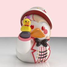 Load image into Gallery viewer, Close up view of Hazbin Hotel Lucifer Morningstar TUBBZ rubber duck figurine i holding a small duck on a pink background