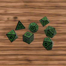 Load image into Gallery viewer, Magic Flame (Green) - "Enchanted Ent" - 7 Piece DnD Dice Set | Acrylic RPG Gaming Dice