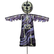 Load image into Gallery viewer, Premier Kite, Skeleton Spinning Friend Halloween Yard decor with purple and black design on a white background