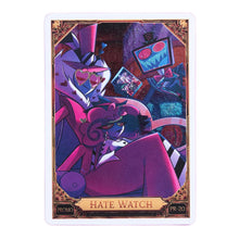 Load image into Gallery viewer, Hazbin Hotel Valentino Trading Card with an artistic character design and 'Hate Watch' text on a white background