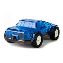 Load image into Gallery viewer, A translucent blue RC crawler truck with black tires and white wheel centers, photographed on a clean white background.