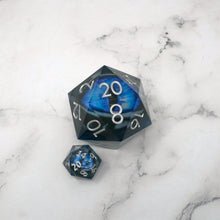 Load image into Gallery viewer, Blue Slaadi's Eye - Giant D20 Moving Eye DnD Dice | Acrylic RPG Gaming Dice
