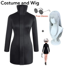 Load image into Gallery viewer, Black dress, gray wig, and round sunglasses on a white background with text indicating free glasses.
