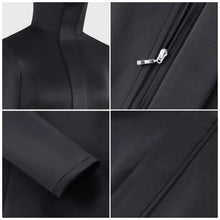 Load image into Gallery viewer, Collage of close-up details of a black jacket including fabric texture, zipper, and sleeve.