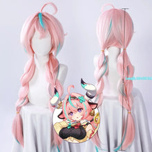 Load image into Gallery viewer, Genshin Varesa kawaii fantasy uniform costume Pink and green anime-style wig on a mannequin with an inset illustration of a character wearing the wig.