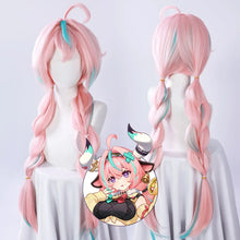 Load image into Gallery viewer, Genshin Varesa Kawaii Fantasy Cosplay Pink and green braided wig on a mannequin with an inset of a cartoon character.