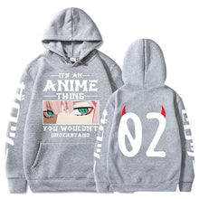 Load image into Gallery viewer, Gray hoodie with anime-themed designs on front and back