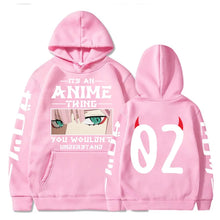Load image into Gallery viewer, Pink hoodie with anime-themed text and graphics on a white background