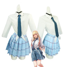 Load image into Gallery viewer, Kitagawa Marin My Dress-Up Darling School uniform with white shirt, blue tie, and plaid skirt on mannequins with an animated character wearing the uniform.