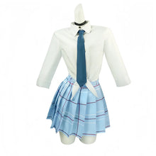 Load image into Gallery viewer, School uniform with white shirt, blue tie, and plaid skirt on a mannequin against a white background
