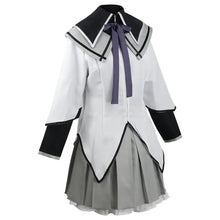 Load image into Gallery viewer, Homura Akemi Cosplay costume with white blouse, black sleeves, and gray skirt on a white background