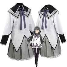 Load image into Gallery viewer, Homura Akemi wearing a white and black outfit with a gray skirt, standing between two identical outfits.