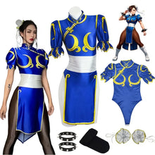 Load image into Gallery viewer, street fighter kawaii clothing Chun Li Blue and yellow costume with accessories on a white background,