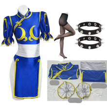 Load image into Gallery viewer, Blue costume with yellow accents, free pantyhose, and two black bracelets on a white background.