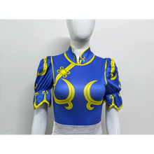 Load image into Gallery viewer, street fighter kawaii clothing Chun Li Blue and yellow costume Top on a white background,