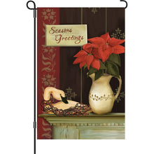 Load image into Gallery viewer, Decorative flag with poinsettias, pitcher, and 'Seasons Greetings' sign on a white background
