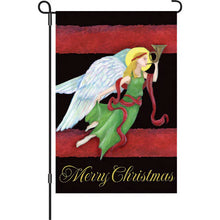 Load image into Gallery viewer, Decorative garden flag with an angel design and 'Merry Christmas' text on a black background.
