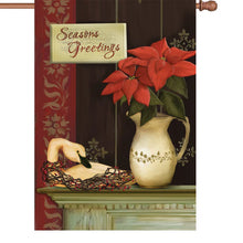 Load image into Gallery viewer, Decorative Christmas flag with poinsettias, swan, and 'Seasons Greetings' sign on a red background.
