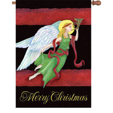 Load image into Gallery viewer, Decorative Christmas flag with an angel playing a horn on a red and black background. Pole sold seperately
