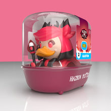 Load image into Gallery viewer, Close up view of Alastor rubber duck figurine in packaging on a pink background
