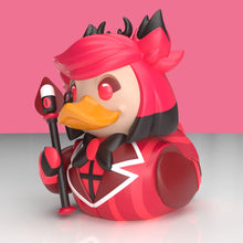 Load image into Gallery viewer, Close up view of Alastor Radio Demon rubber duck figurine holding a black staff  on a pink background
