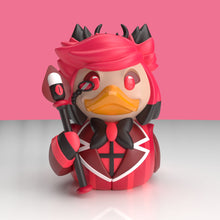 Load image into Gallery viewer, Close up Front view of Alastor Radio Demon rubber duck figurine holding a black staff  on a pink background

