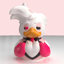 Load image into Gallery viewer, Close up front view of Hazbin Hotel Angel Dust rubber duck figurine   on a pink background
