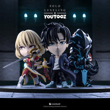 Load image into Gallery viewer, Front View image of Solo Leveling  characters Sun Jinwoo, Igris, and Cha Hae-In figurines on a dark background with 'Solo Leveling' and 'Youtooz' branding.
