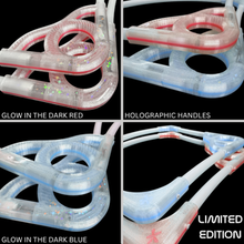 Load image into Gallery viewer, Four-panel product collage showing translucent curved tube-like accessories in different colorways on a black background, with text labels including 'GLOW IN THE DARK RED', 'HOLOGRAPHIC HANDLES', 'GLOW IN THE DARK BLUE', and 'LIMITED EDITION'.
