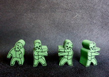 Load image into Gallery viewer, Four Good Dog, bad Zombie green cartoon-like game pieces with different poses on a dark textured background
