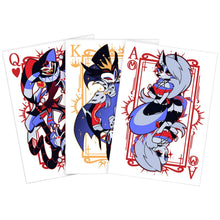 Load image into Gallery viewer, HELLUVA BOSS Three playing card illustrations featuring stylized characters with colorful designs on a white background.
