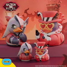 Load image into Gallery viewer, Vaggi and Valentino Rubber Duck character figurines from Hazbin Hotel with a colorful background featuring the Hazbin Hotel logo.
