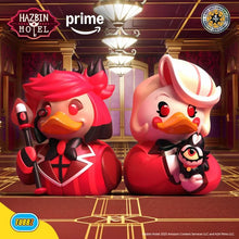 Load image into Gallery viewer, Alastor and Charley in red and pink outfits with 'Hazbin Hotel' branding on a decorative background.
