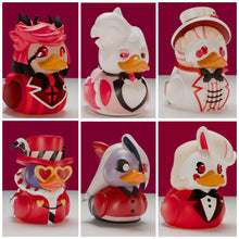 Load image into Gallery viewer, Collage of six duck-shaped Hazbin Hotel characters with various outfits on a red background
