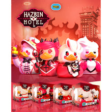 Load image into Gallery viewer, Four duck-like figurines with different outfits on a red background, featuring the 'Hazbin Hotel' branding.
