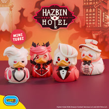Load image into Gallery viewer, Four mini TUBBZ figurines from Hazbin Hotel with a colorful background featuring the Hazbin Hotel logo.
