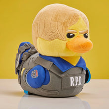 Load image into Gallery viewer, Resident Evil Leon Plush toy duck in R.P.D. uniform with yellow background
