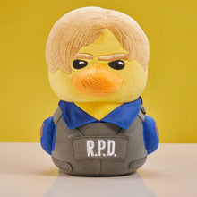 Load image into Gallery viewer, Front view Resident Evil Leon Plush toy duck in R.P.D. uniform with yellow background
