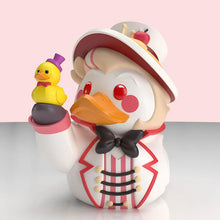 Load image into Gallery viewer, Close up view of Hazbin Hotel Lucifer Morningstar Youtooz rubber duck figurine holding a small duck on a pink background
