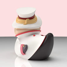Load image into Gallery viewer, back view of Hazbin Hotel Lucifer Morningstar TUBBZ rubber duck figurine i holding a small duck on a pink background
