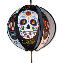 Load image into Gallery viewer, Decorative skull-themed Day of the dead  Halloween ground ball spinner with colorful Skull (sugar Skull) designs on a white background
