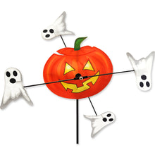 Load image into Gallery viewer, Halloween-themed yard spinner with ghosts floating around a pumpkin face  on a white background
